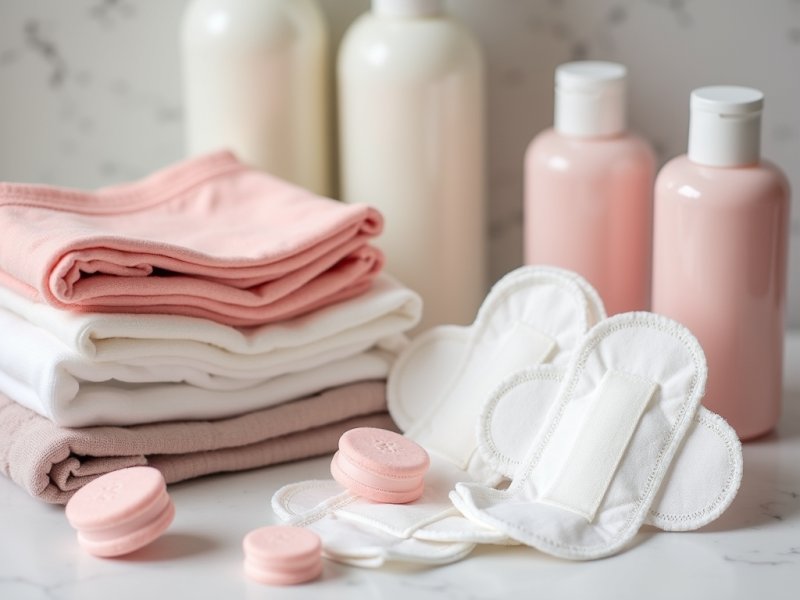How to Take Care of Yourself Hygienically as a woman - Feminine hygiene products in a pretty, aesthetic arrangement (e.g., cloth pads, bath oils, cotton underwear neatly folded).